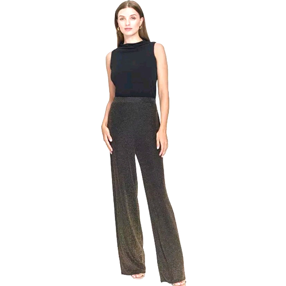 Halston Womens Large Pants Metallic Pull On Wide-Leg Gold Black Knit High Rise